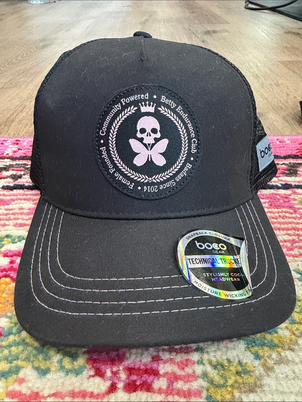 Betty Designs Black Snapback Hat with Pink Skull Logo NWT